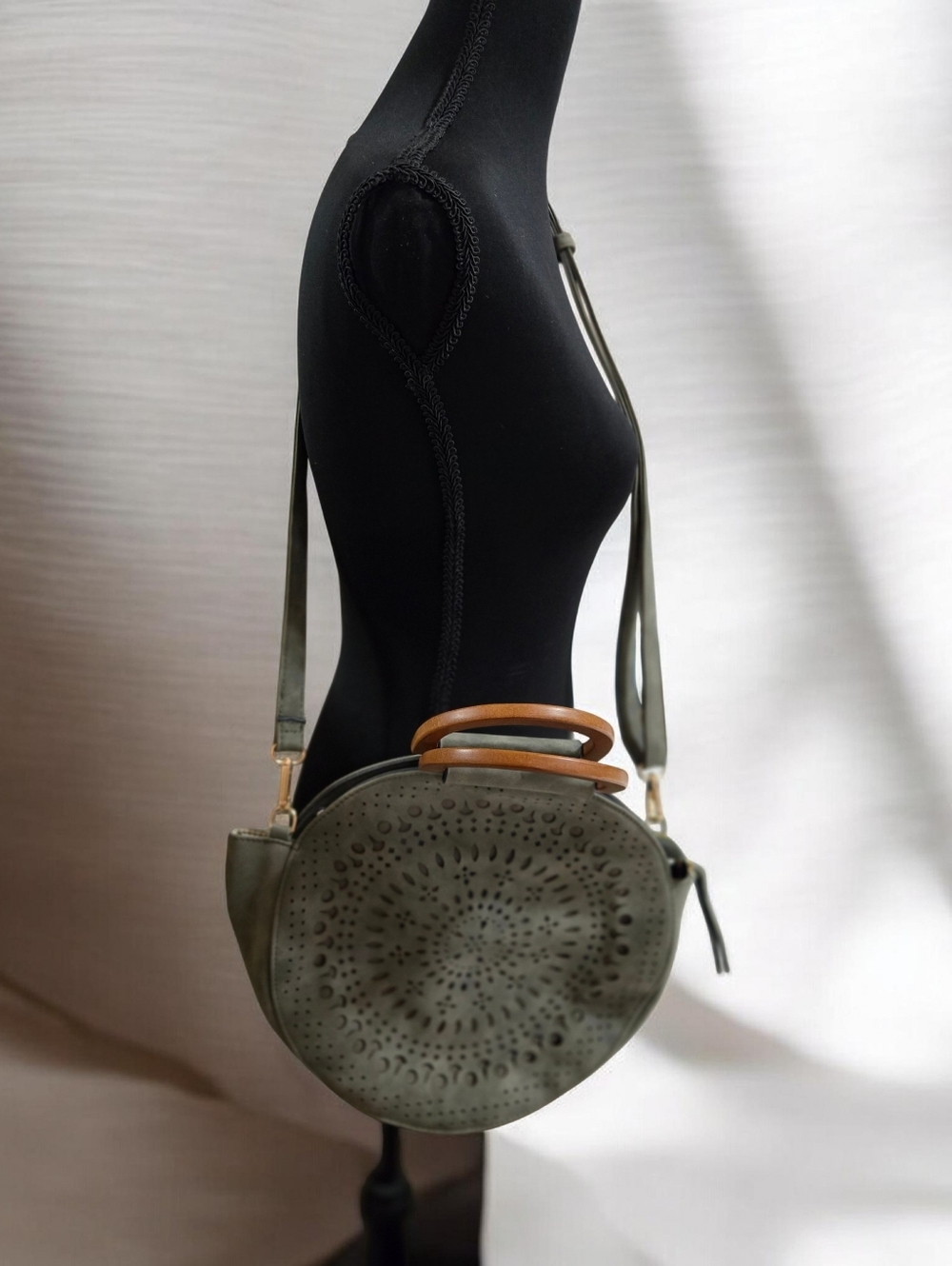 Round Olive Green  Faux Leather Crossbody Bag with Wood Handles